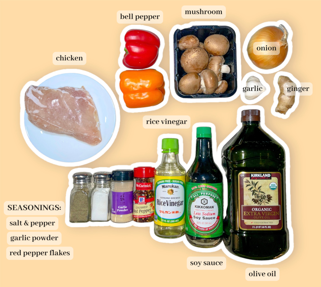 ingredients needed for Chicken stir fry with bell pepper and mushroom 